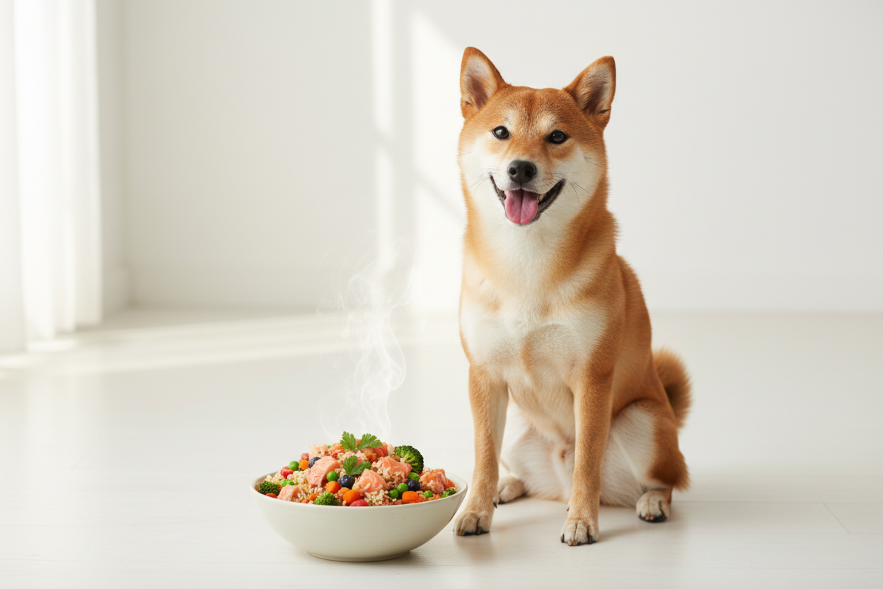Happy Shiba Inu with a fresh bowl of JustFoodForDogs meal