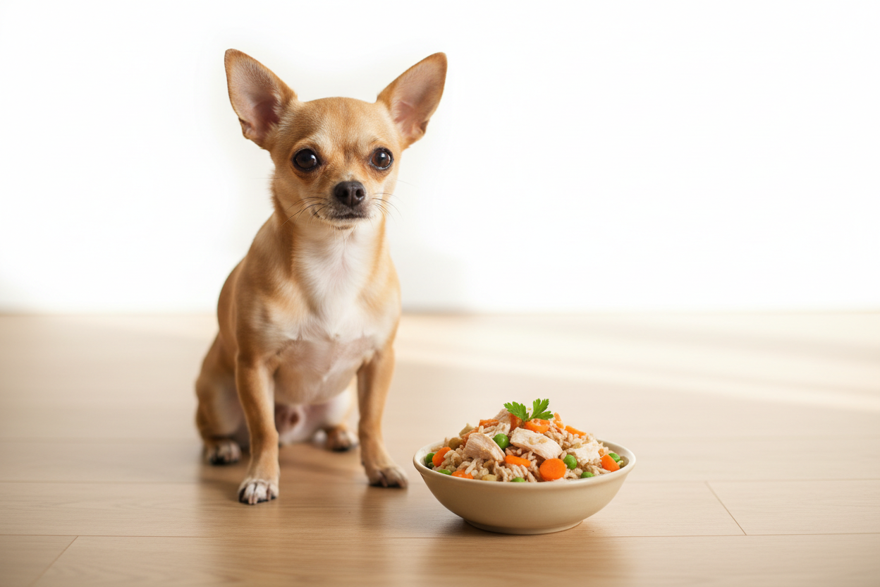 Adorable Chihuahua with a fresh bowl of JustFoodForDogs meal